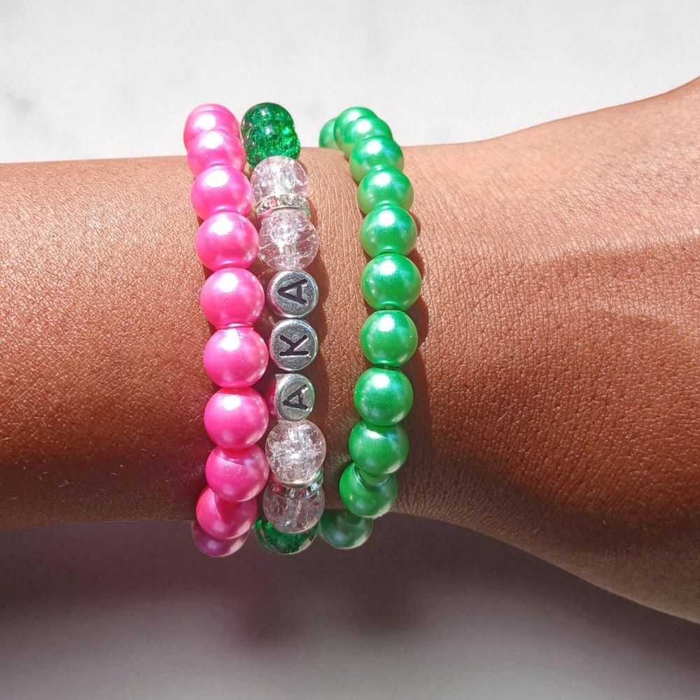 Pink and Green AKA Beaded Bracelet Set